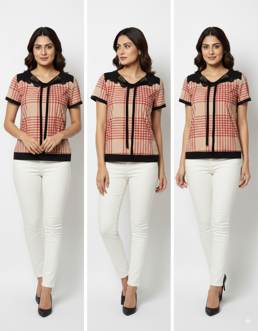 Plaid Tunic Bohemian with Tie Front