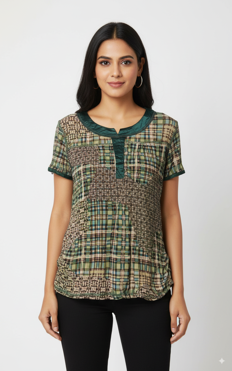 Patchwork Plaid and Geometric Tunic Top